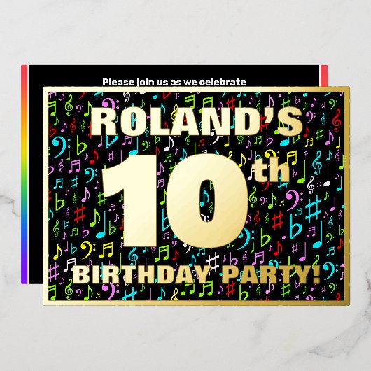 10. Geburtstagsparty — Spaß, farbenfrohe Musiksymb Folieneinladung (Vorderseite/Rückseite)