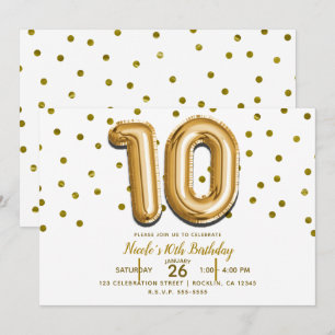 10 Golden Balloon Confetti 10. Geburtstagsparty Einladung
