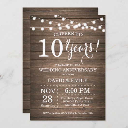 10. Hochzeitstag Einladung rustikales Holz (Vorne/Hinten)
