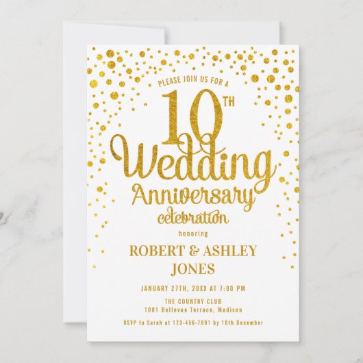 10. Hochzeitstag - Gold & Weiß Einladung (Vorderseite)