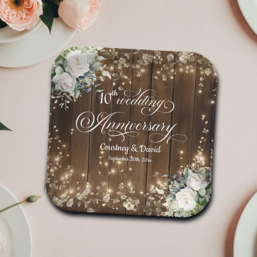 10. Hochzeitstag Rustikale String Lights Pappteller