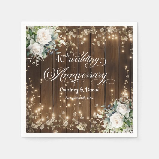 10. Hochzeitstag Rustikale String Lights Serviette (Vorderseite)