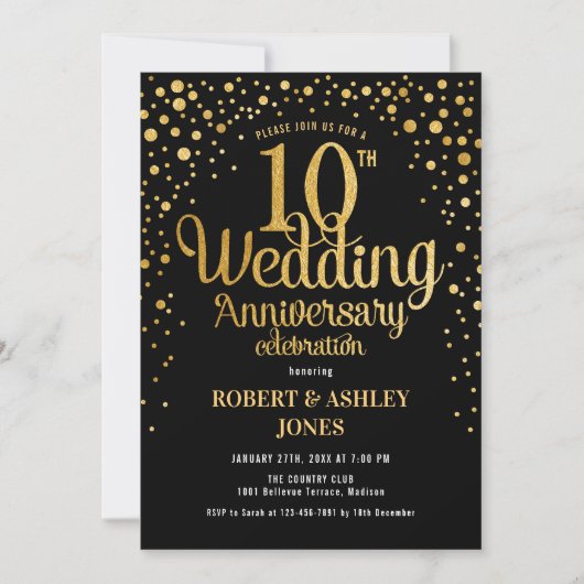 10. Hochzeitstag - Schwarz & Gold Einladung (Vorderseite)