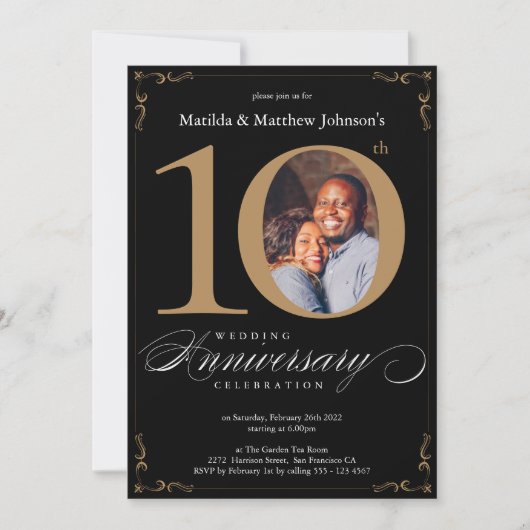 10. Hochzeitstag Schwarze Goldkalligraphie Einladung (Vorderseite)
