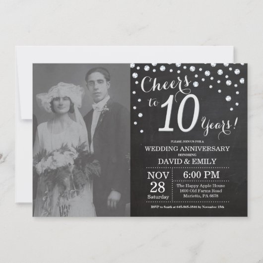 10. Hochzeitstag Schwarzes Silber Chalkboard Einladung (Vorderseite)