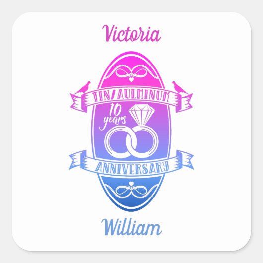 10. Hochzeitstag TIN ALUMINUM Quadratischer Aufkleber (Vorderseite)