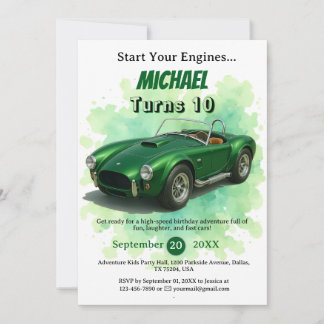 10 Jahre alt Geburtstagsparty Green Racing Car Einladung