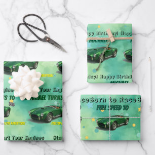 10 Jahre alt Geburtstagsparty Green Racing Car Geschenkpapier Set