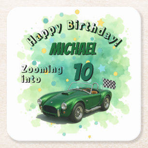 10 Jahre alt Geburtstagsparty Green Racing Car Rechteckiger Pappuntersetzer