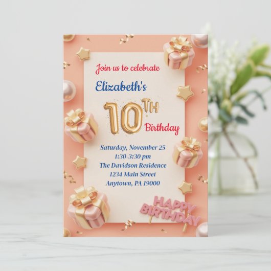 10 JAHRE ALTE MÄDCHEN GEBURTSTAGLICHE EINLAGEN EINLADUNG (Stehend Vorderseite)