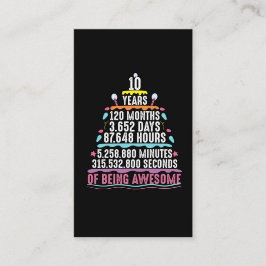 10 Jahre alter Kuchen 10. Geburtstag Minuten Visitenkarte (Vorderseite)