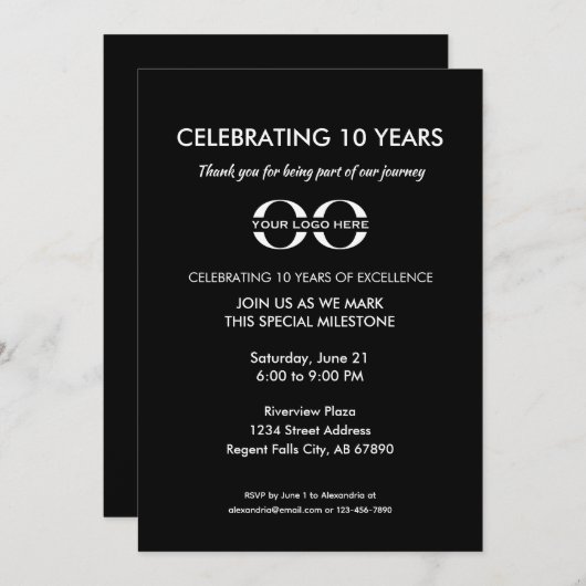 10 Jahre Firmenjubiläum Classic Black Einladung (Vorne/Hinten)