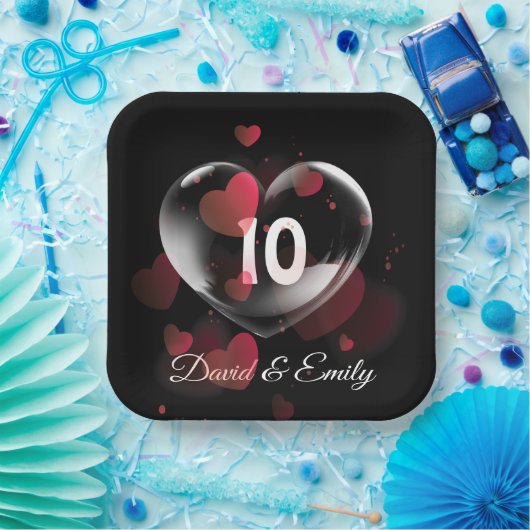 10. Jubiläum Herzblase mit roten Herzen Pappteller (Party)