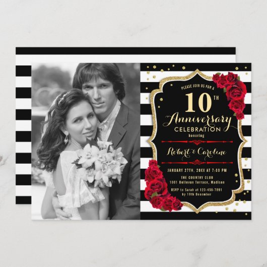 10. Jubiläum mit Foto - Gold Black Red Einladung (Vorne/Hinten)