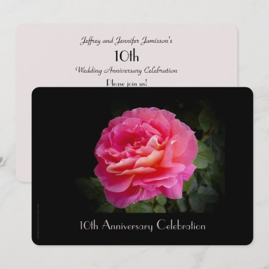 10. Jubiläum Party Einladung Single Pink Rose (Vorne/Hinten)