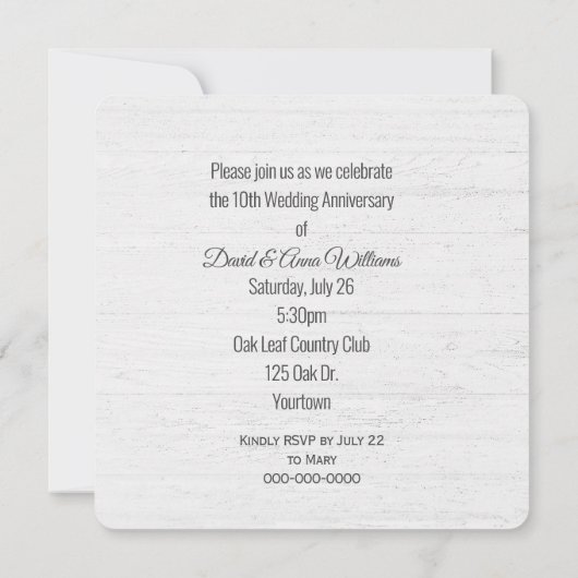 10. Jubiläumsschaden auf Holz Einladung (Rückseite)