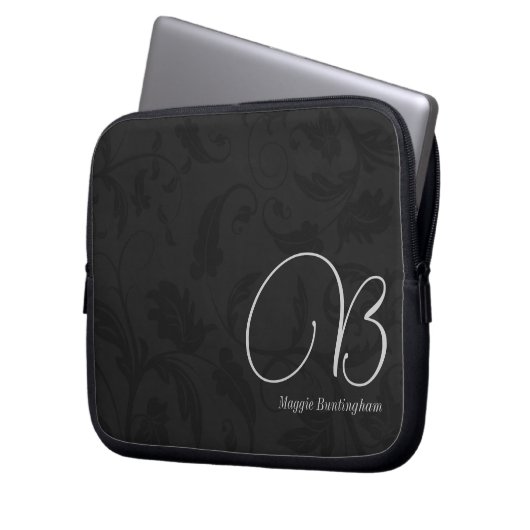 10" Mit Monogramm schwarzer Damast Laptopschutzhülle (Vorderseite Links)