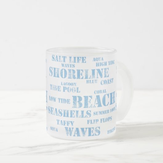 10 oz frosted mug in beach text mattglastasse (VorderseiteRechts)