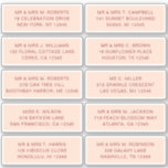 10 Party mit individueller Gastadresse Hochzeit Aufkleber<br><div class="desc">10 Das Party für die persönliche Gästenadresse Wedding White Script Stickers verfügt über 10 Aufkleber mit Ihrem individuellen Gästennamen und Adresse auf jedem Aufkleber in roter Schriftzypografie auf weichem orangefarbenem Hintergrund. Ideal für Hochzeitseinladungen, Weihnachts- und Feiertagskarten, Party Einladungen, Dankeschön-Karten und Office Mail Outs. Bearbeiten Sie den Text einfach in den...</div>