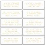 10 Party mit individueller Gastadresse Hochzeit Aufkleber<br><div class="desc">10 individuelle Gästennamen Address Party Wedding Gold Script Stickers bietet 10 Aufkleber mit Ihrem individuellen Gästennamen und Ihrer persönlichen Adresse auf jedem Aufkleber in metallischem Gold-Script auf weißem Hintergrund. Auch perfekt für Weihnachts- und Feiertagskarten, Geburtstagsfeiern, Hochzeitseinladungen, Babyduschen, Brautparty, Dankeschön-Karten und Office-Mail-Outs. Bearbeiten Sie den Text einfach in den dafür vorgesehenen...</div>