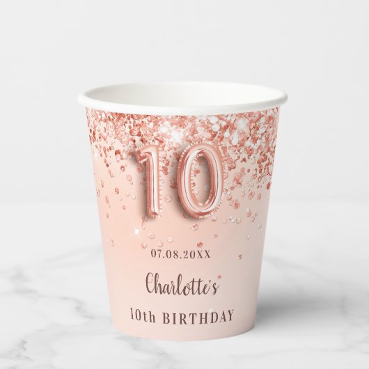 10. Rose Gold Glitzer Monogramm Name Pappbecher (Vorderseite)