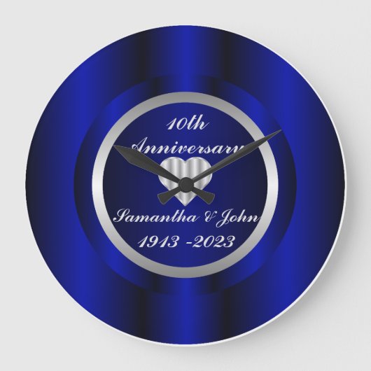 10. Royal Blue Silver Wedding Anniversary Large C Große Wanduhr (Vorderseite)