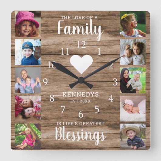 10 Square Foto Collage Familienangebot Rustikales Quadratische Wanduhr (Vorderseite)