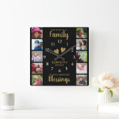10 Square Foto Collage Family Quote Black Gold Quadratische Wanduhr (Zuhause)