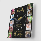 10 Square Foto Collage Family Quote Black Gold Quadratische Wanduhr (Winkel)