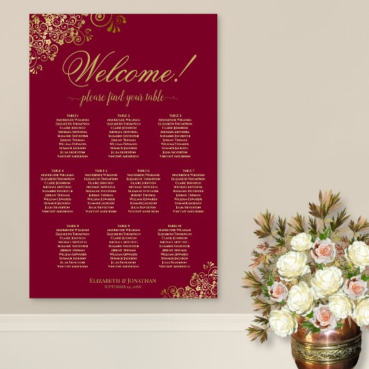 10 Tabelle Burgundy & Gold Willkommenssymbol Poster