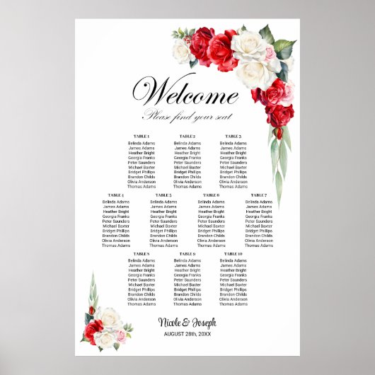 10 Tabelle Rot-Rose-Blumenmuster-Sitzplan Poster (Vorne)