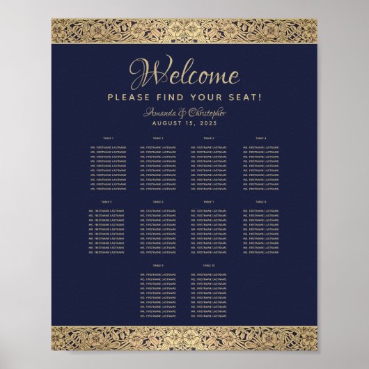 10 Table Navy Blue Wedding Seating Chart Gold Rose Poster (Vorne)