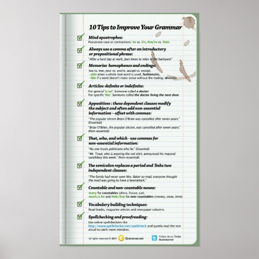 10 Tipps zur Verbesserung Ihrer Grammatik Poster (Vorne)