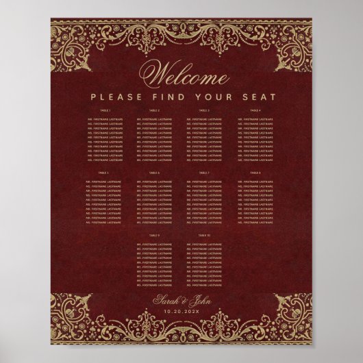 10 Tische Burgund und Gold Hochzeitskarte Poster (Vorne)