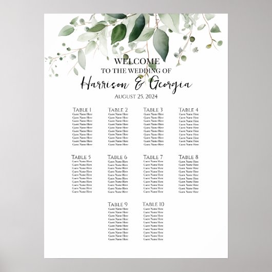 10 Tische Grüne elegante Hochzeitssitzkarte Poster (Vorne)