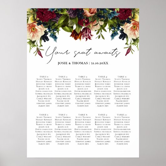 10 Tische Moody Floral Burgundy Hochzeitssitze Poster (Vorne)