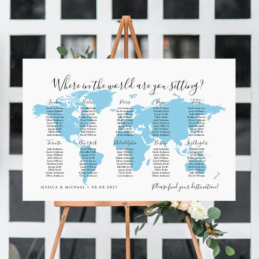 10 Tische Zielorte Weltkarte Sitzplan Poster