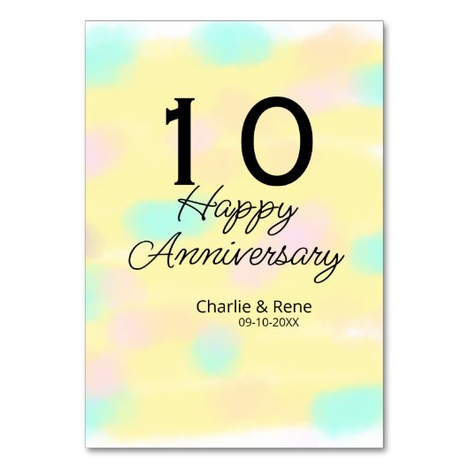 10 wedding anniversary yellow pastel name retro bo tischnummer (Vorderseite)
