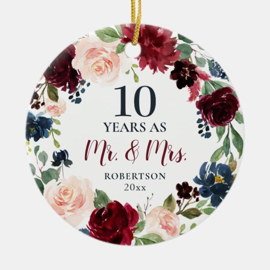 10 Years As Mr & Mrs Personalized Rustic Floral Keramik Ornament (Vorne)