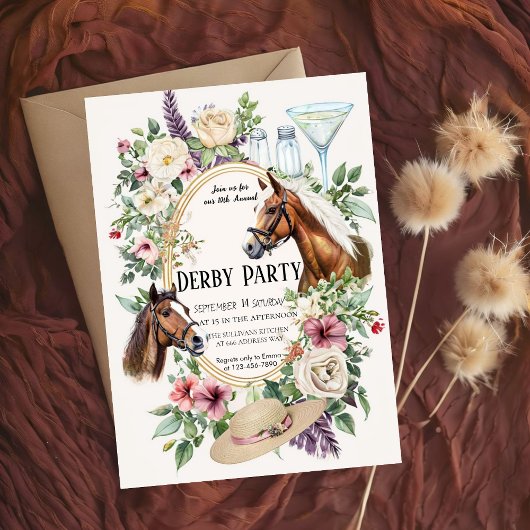 10th Annual Derby Party Invitation with Floral and Einladung