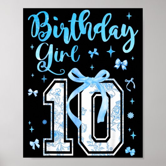 10th Birthday Girl Blue Toile Coquette Bow 10 Year Poster (Vorne)