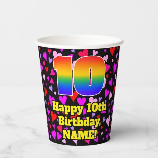 10th Birthday: Loving Hearts Pattern, Rainbow 10 Pappbecher (Rückseite)