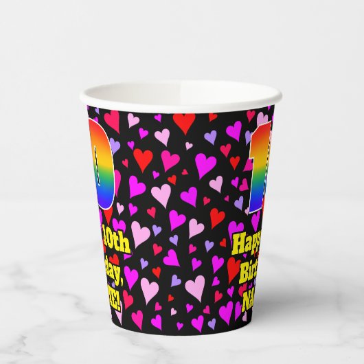 10th Birthday: Loving Hearts Pattern, Rainbow 10 Pappbecher (Links)