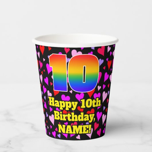 10th Birthday: Loving Hearts Pattern, Rainbow 10 Pappbecher (Vorderseite)