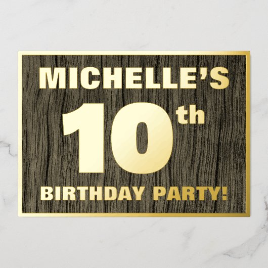 10th Birthday Party: Bold, Faux Wood Grain Pattern Folieneinladung (Vorderseite)