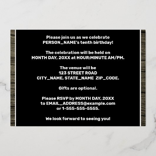 10th Birthday Party: Bold, Faux Wood Grain Pattern Folieneinladung (Rückseite)