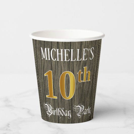 10th Birthday Party — Faux Gold & Faux Wood Looks Pappbecher (Rückseite)