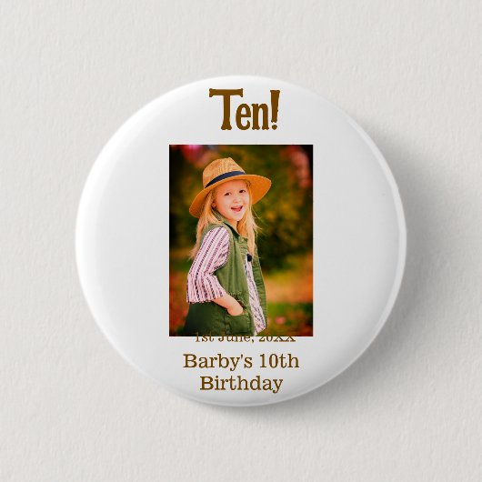 10th birthday photo name date simple brown beige b button (Vorderseite)