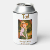 10th birthday photo name date simple brown beige b dosenkühler (Kanne Rückseite)