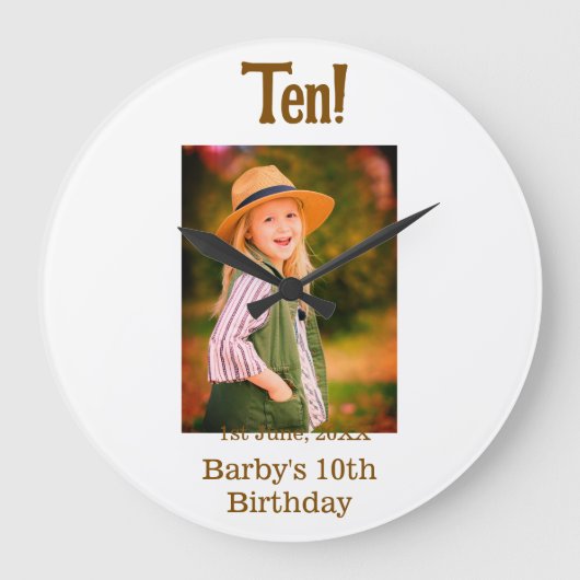 10th birthday photo name date simple brown beige b große wanduhr (Vorderseite)